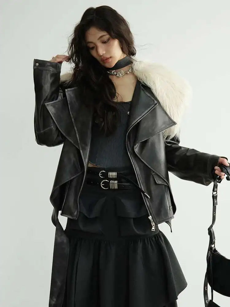 Black Thick Big Size Vintage PU Leather Jacket New Fur Collar Long Sleeve Women Coat Fashion Spring Autumn 2025 1DH8266