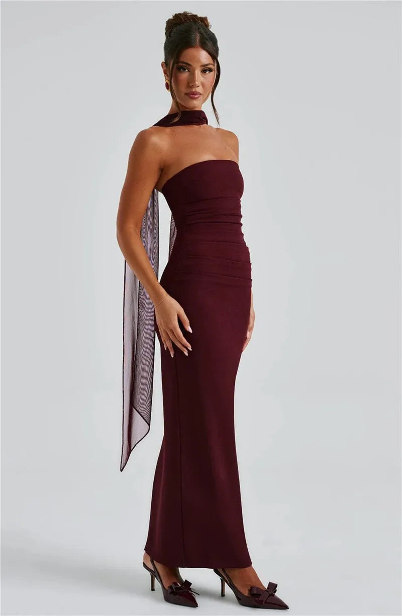 Scarf Collar Strapless Sexy Maxi Dress For Women Fashion Off-shoulder Backless Bodycon Club Party Long Dress Elegant