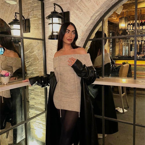 Load image into Gallery viewer, Autumn Off The Shoulder Knitted Dress 2024 New Black Sexy Bodycon Birthday Party Dresses Short Halter Knitted Dress

