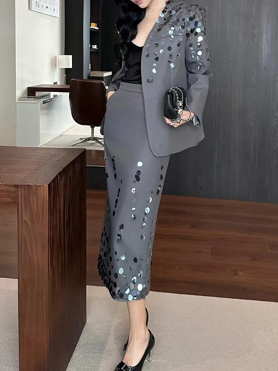 Solid Spliced Sequines Two Piece Set For Women Lapel Long Sleeve Coat High Waist Temperament Skirt Sets Female New