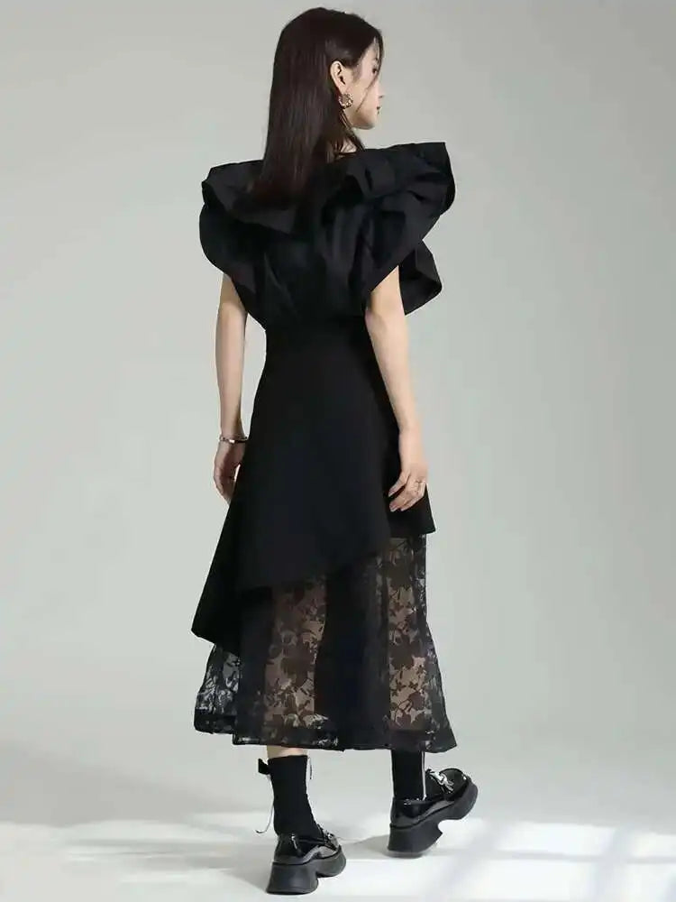 High Elastic Waist Black Spliced Mesh Irregular Casual Half-body Skirt Women Fashion Tide New Spring Autumn 2025 1DF6873