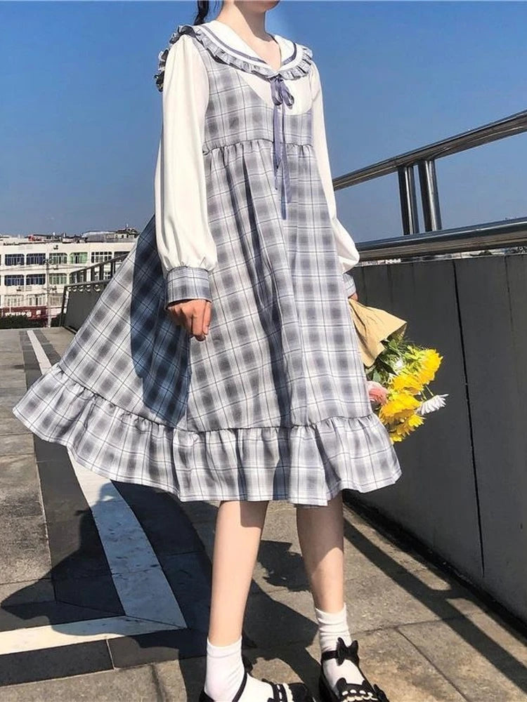 Japanese Sweet Kawaii Lolita Dress Women Preppy Style Ruffles Plaid Cute Dresses School Student Spring Robes Female