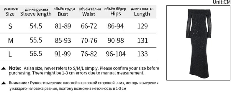 Glitter Off-shoulder Sexy Maxi Dress For Women Gown Black Strapless Long Sleeve Bodycon Club Party Sparkle Long Dress