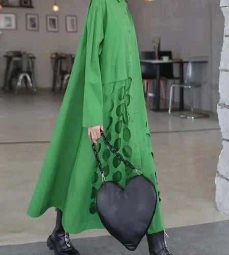 Women Black Hollow Out Big Size Midi Shirt Dress New Lapel Long Sleeve Loose Fit Fashion Tide Spring Autumn 2025 1DF6037