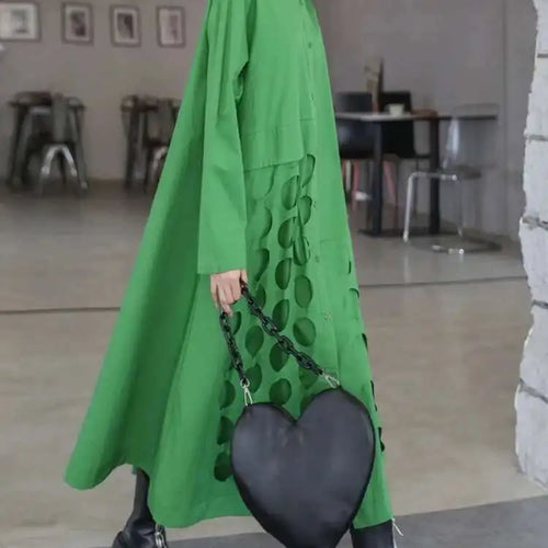 Load image into Gallery viewer, Women Black Hollow Out Big Size Midi Shirt Dress New Lapel Long Sleeve Loose Fit Fashion Tide Spring Autumn 2025 1DF6037
