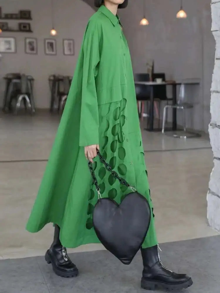 Women Black Hollow Out Big Size Midi Shirt Dress New Lapel Long Sleeve Loose Fit Fashion Tide Spring Autumn 2025 1DF6037