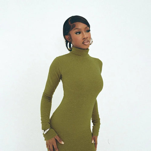 Load image into Gallery viewer, Turtleneck Long Sleeve Maxi Dress For Women Autumn New Elegant Solid Slim Fit High Waist Sexy Long Dress Ladies New
