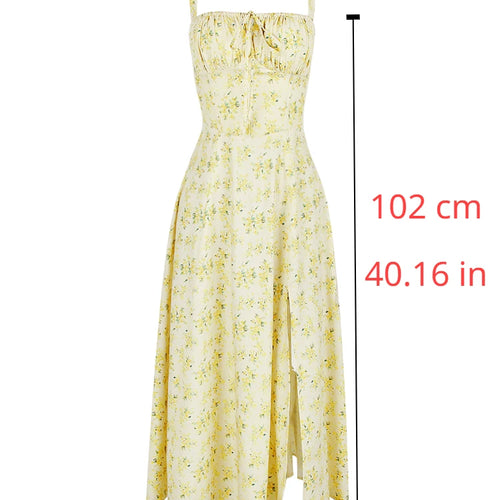 Load image into Gallery viewer, Spaghetti Strap Summer Dress 2024 Elegant Midi Yellow Floral Print Dress Slit Sexy Birthday Party Dresses Women
