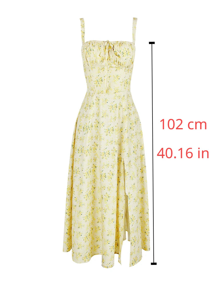 Spaghetti Strap Summer Dress 2024 Elegant Midi Yellow Floral Print Dress Slit Sexy Birthday Party Dresses Women
