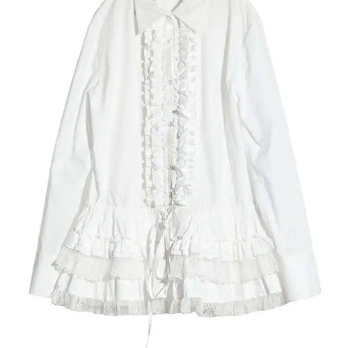 Load image into Gallery viewer, Women White Lace Ruffles Big Size Elegant Blouse New Lapel Long Sleeve Shirt Fashion Tide Spring Autumn 2025 1DH8274
