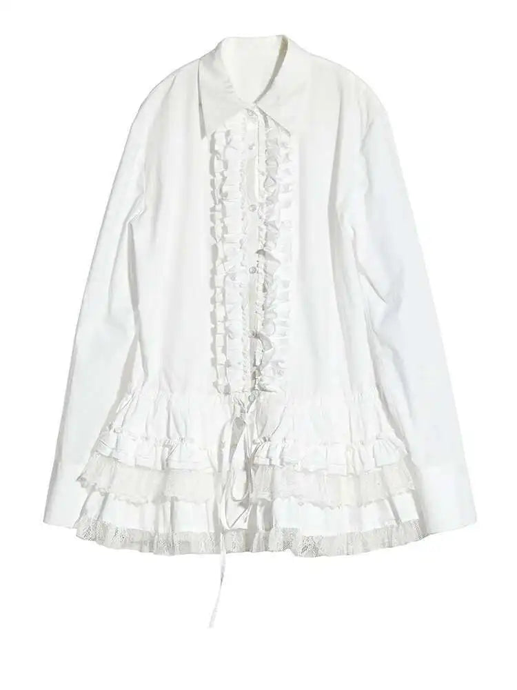 Women White Lace Ruffles Big Size Elegant Blouse New Lapel Long Sleeve Shirt Fashion Tide Spring Autumn 2025 1DH8274