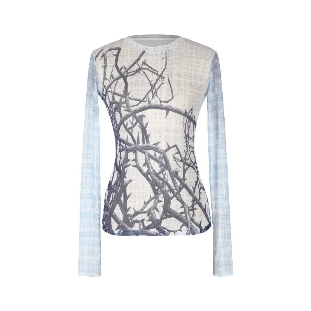 Fashion T Shirts 2024 Women's Clothing Print Long Sleeve Tunic Tees Casual Korean Camisetas Y2k Tops See Through Summer Tshirt