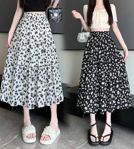 Spring Summer Women Black Beige Floral Elegant Pleated Long Skirts Vintage Elastic High Waist Vacation A-line Skirt Bohemian New
