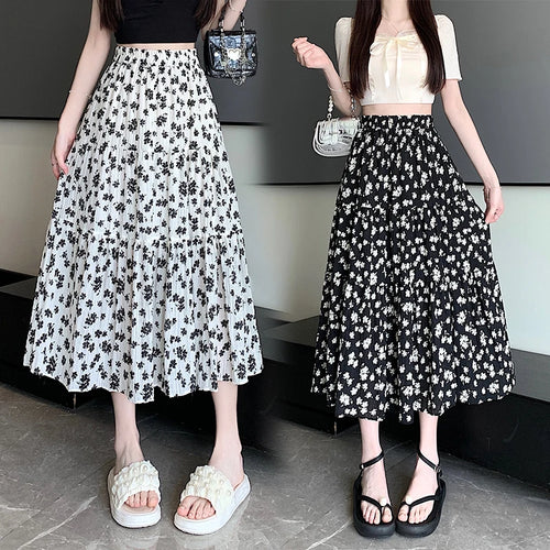 Load image into Gallery viewer, Spring Summer Women Black Beige Floral Elegant Pleated Long Skirts Vintage Elastic High Waist Vacation A-line Skirt Bohemian New
