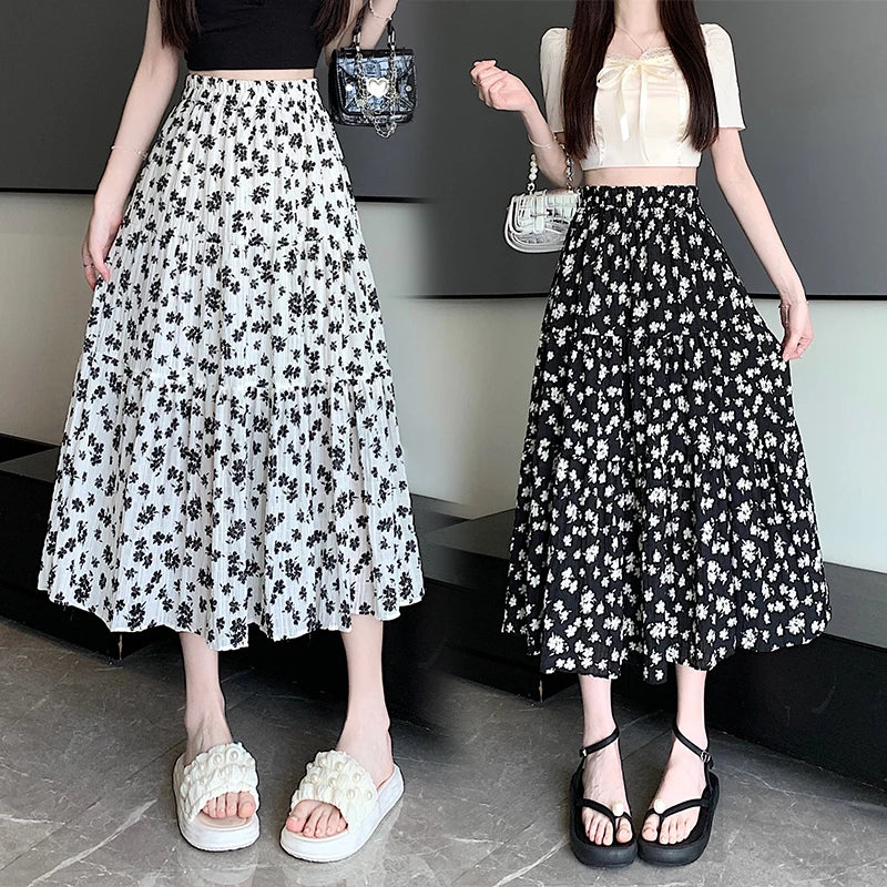 Spring Summer Women Black Beige Floral Elegant Pleated Long Skirts Vintage Elastic High Waist Vacation A-line Skirt Bohemian New