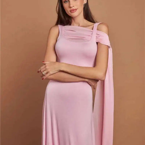 Load image into Gallery viewer, Pink Cape Sleeve Sexy Maxi Dress For Women Off-shoulder Backless Gown Elegant Skew Collar Lace-up Long Dress Vestido
