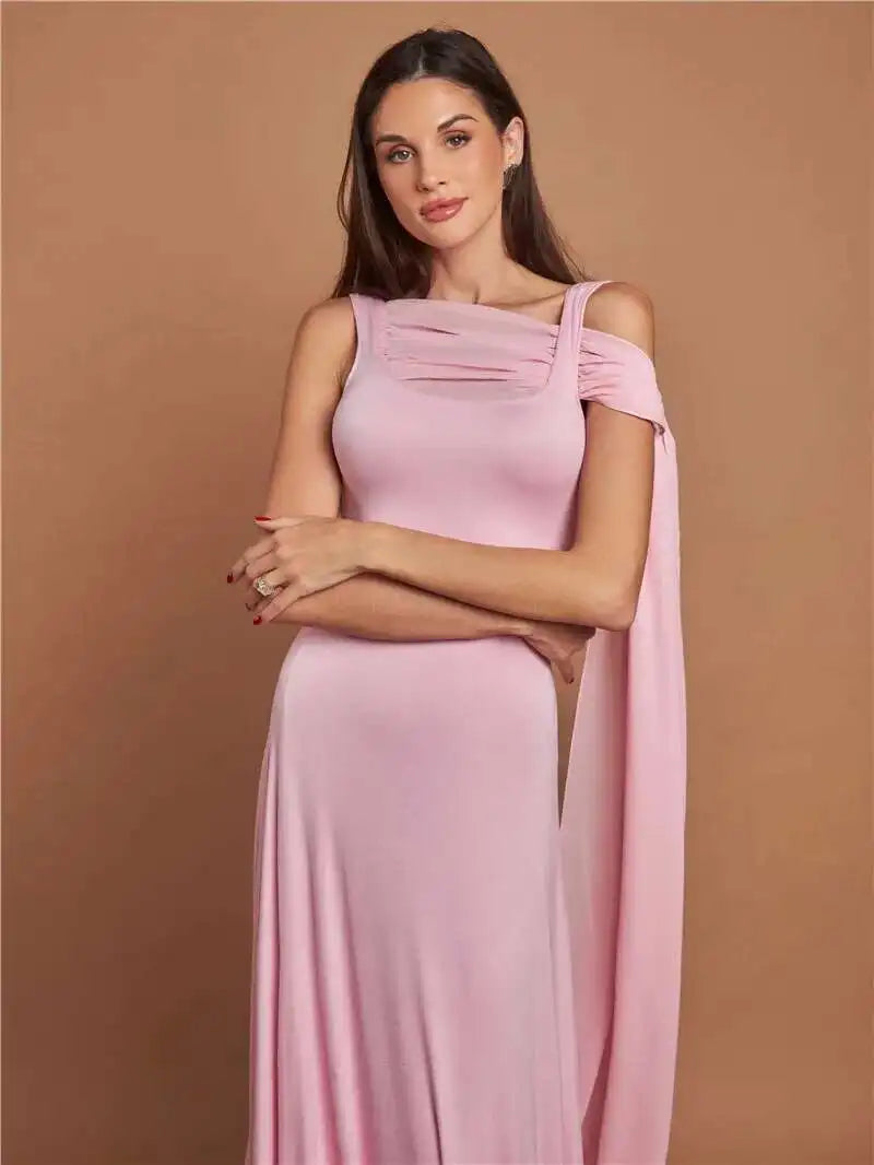 Pink Cape Sleeve Sexy Maxi Dress For Women Off-shoulder Backless Gown Elegant Skew Collar Lace-up Long Dress Vestido