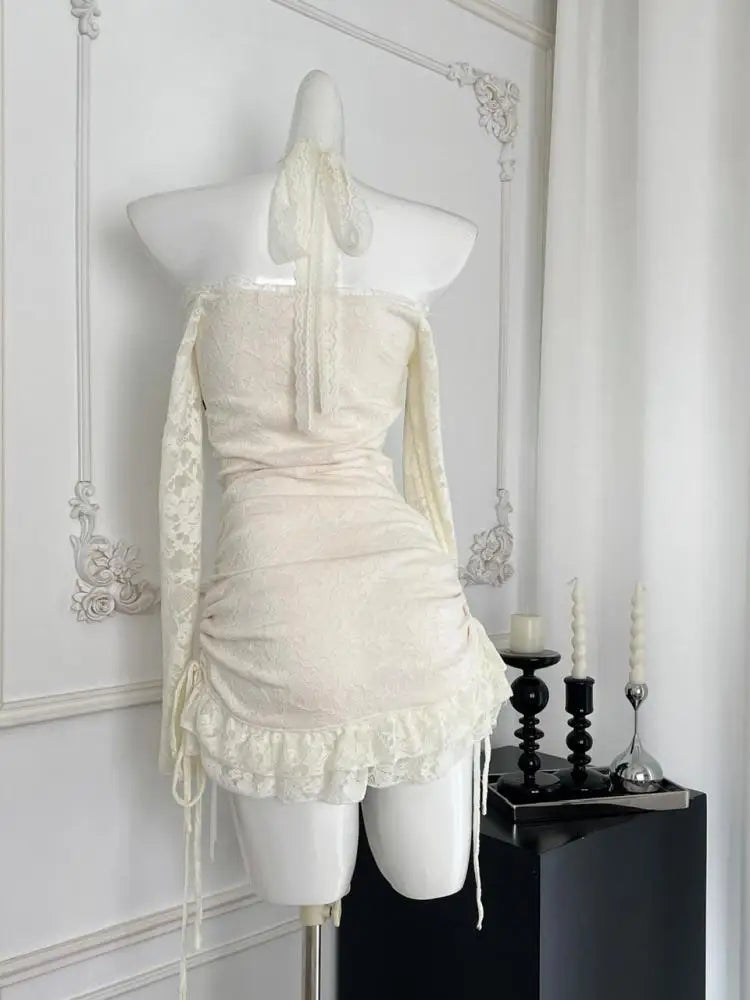 Autumn Winter Fashion Beige Lace Elegant Slim Birthday Party Dresses For Women's New Long Sleeves Ruffles Bow Halter Short Dress