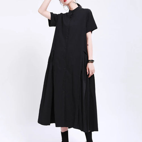 Load image into Gallery viewer, Women Army Green Pleated Elegant Long Shirt Dress New Stand Collar Short Sleeve Fashion Tide Spring Summer 2025 1DE8985
