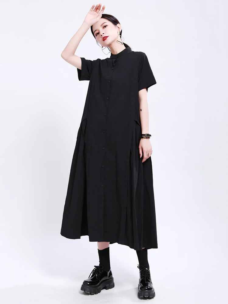 Women Army Green Pleated Elegant Long Shirt Dress New Stand Collar Short Sleeve Fashion Tide Spring Summer 2025 1DE8985