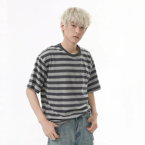 Load image into Gallery viewer, Men's Short Sleeve T-shirts New American Stripe Contrast Fashion Round Neck Male Loose Clothing Trendy Tees Casual 9W1598
