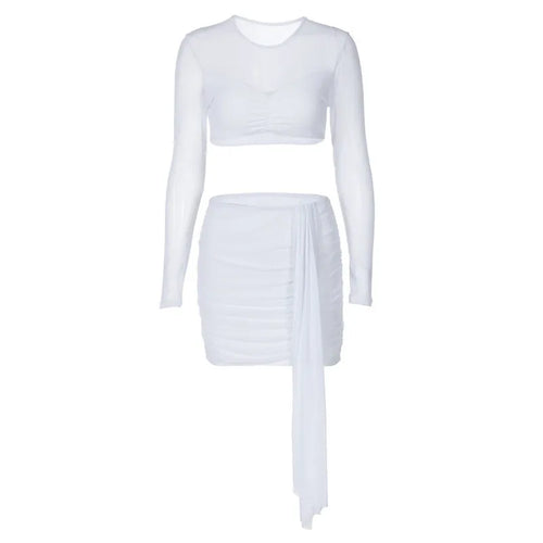 Load image into Gallery viewer, Sexy Skirt Two Piece Sets Women O Neck Long Sleeve T-shirt And Mini Draped Skirt Matching Sets Ladies Skinny Club Sets
