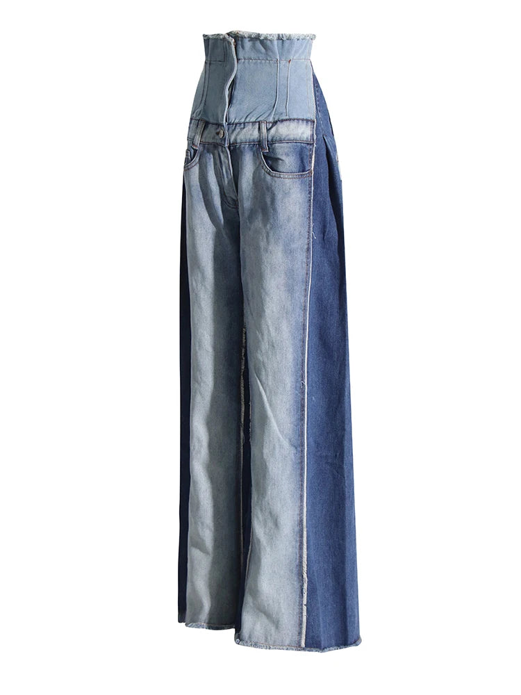 Casual Denim Patchwork Women Trousers High Waist Hit Color Big Size Wide Leg Pants Female Fashion Spring