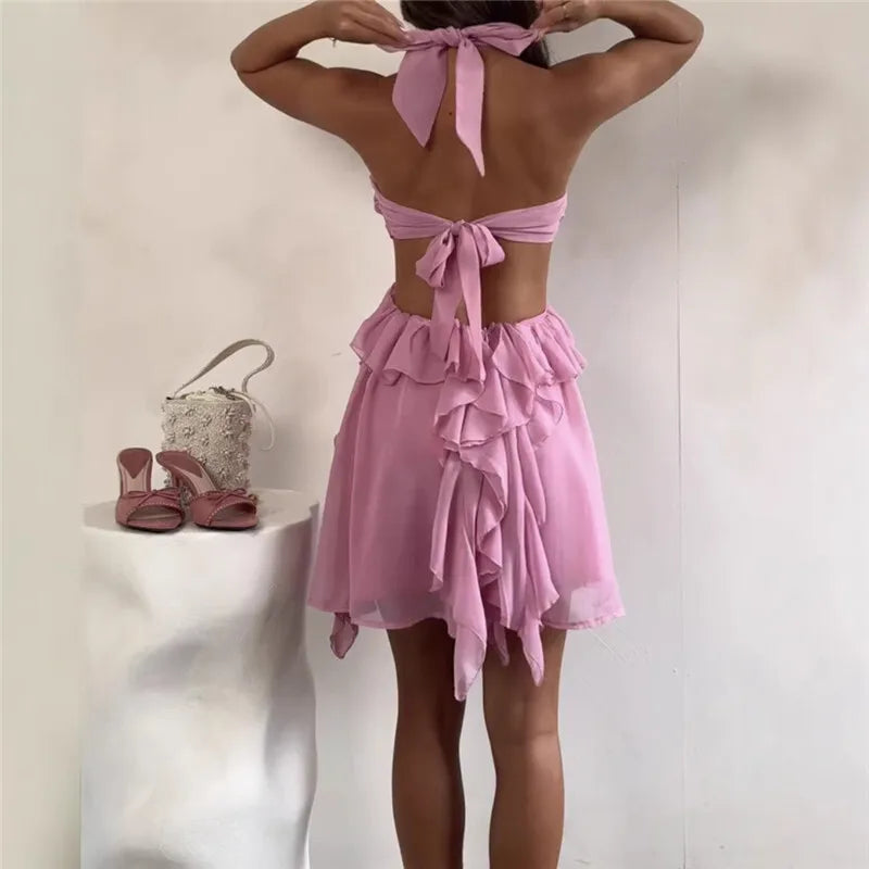 Rose Halter Backless Sexy Mini Dress Women Pink Off-shoulder Strapless Sleeveless High Waist Club Party Beach Dress