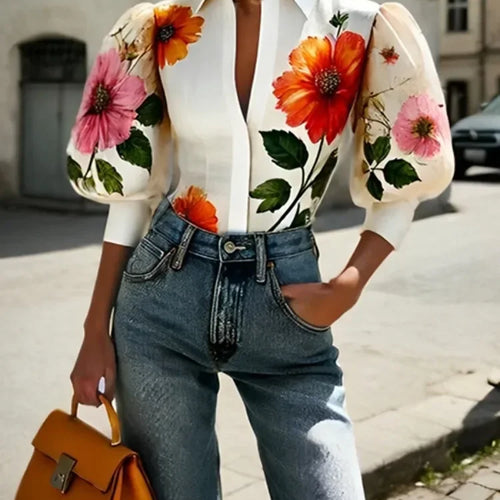 Load image into Gallery viewer, Spring Summer Women Asymmetric Elegant Blouses Tops Puff Sleeves Floral Printed Lapel Shirts Tops for Woman
