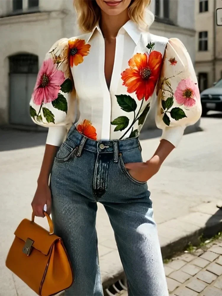 Spring Summer Women Asymmetric Elegant Blouses Tops Puff Sleeves Floral Printed Lapel Shirts Tops for Woman