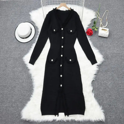 Load image into Gallery viewer, Autumn 2024 New Fashion White V-neck Long Sleeve Single Breasted Knit Long Dress Women Black Temperament Elegant Office Dresses

