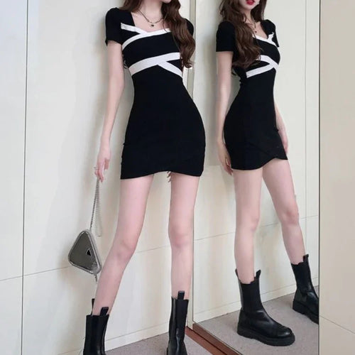 Load image into Gallery viewer, Vintage Sexy Black Bodycon Mini Dress Women Korean Style Kpop Streetwear Square Collar Short Dresses Summer Spring
