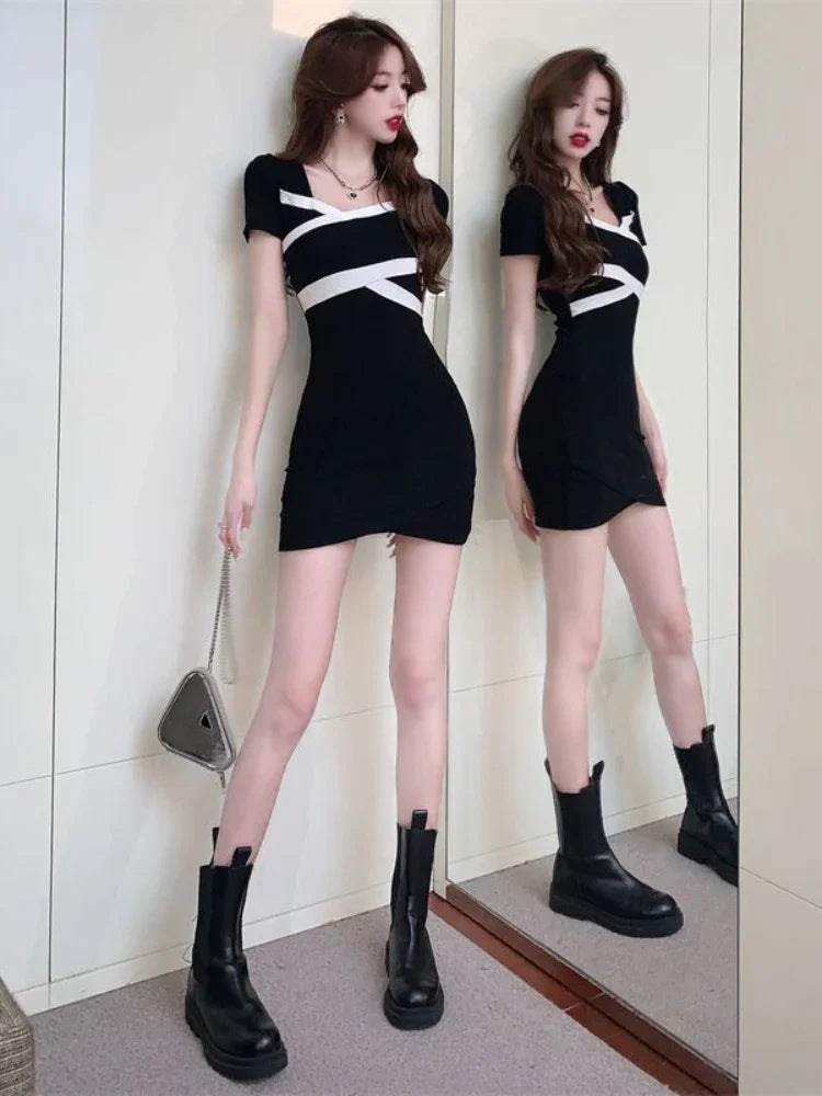 Vintage Sexy Black Bodycon Mini Dress Women Korean Style Kpop Streetwear Square Collar Short Dresses Summer Spring