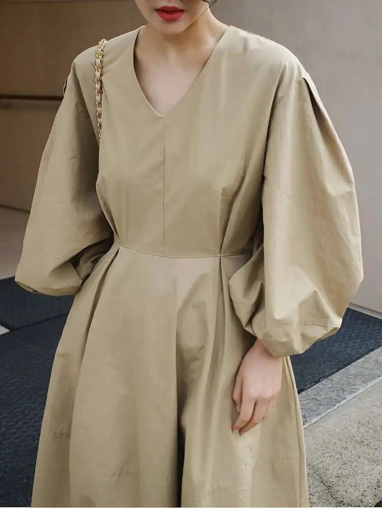 Women Kahki Elegant Big Size Long Dress New V-Neck Long Lantern Sleeve Loose Fit Fashion Tide Spring Autumn 2025  1DH0488