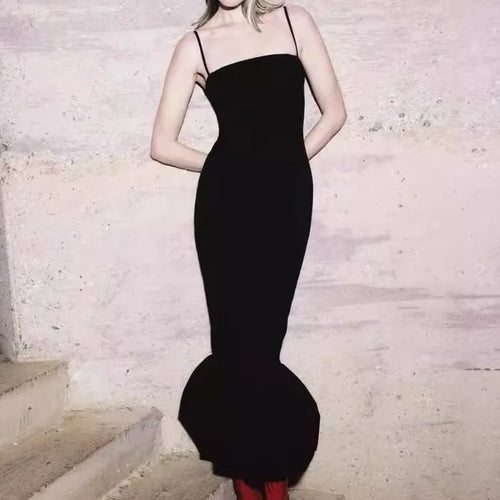 Load image into Gallery viewer, Spaghetti Strap Knit Fishtail Dress For Women Gown Black Sleeveless Backless Bodycon High Waist Sexy Long Dress Elegant
