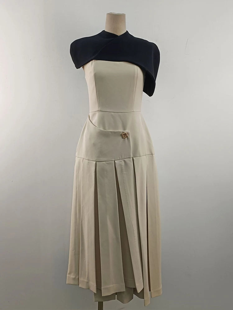 Hit Color Elegant Removable Dress For Women Square Collar Sleeveless High Waist Slimming Dress Female Fashion New