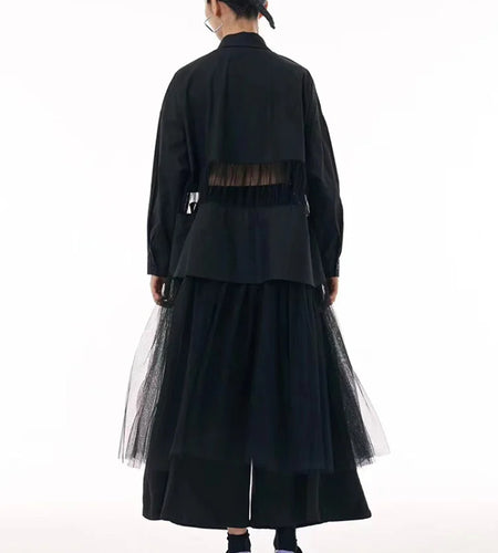 Women Black Mesh Perspective Big Size Midi Shirt Dress New Lapel Long Sleeve Fashion Tide Spring Autumn 2025 1DJ0140