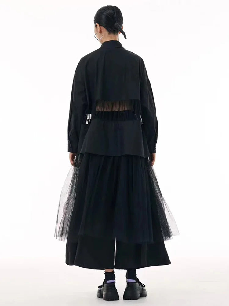 Women Black Mesh Perspective Big Size Midi Shirt Dress New Lapel Long Sleeve Fashion Tide Spring Autumn 2025 1DJ0140