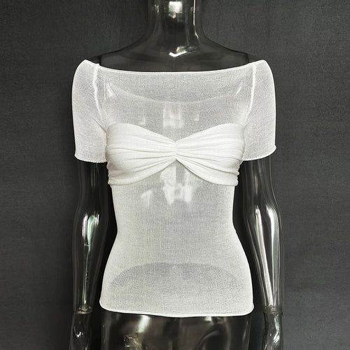 Load image into Gallery viewer, See Through Mesh Crop Top Women Pullovers Strapless Short Knit Cropped Tops Ladies Tee Shirt Sexy Off-shoulder T-shirt
