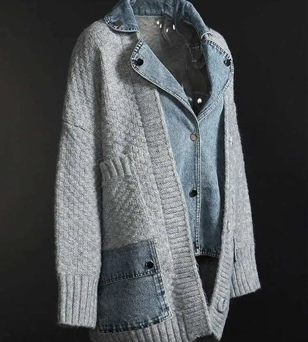 Gray Denim Irregular Big Size Knitting Cardigan Sweater Lapel Long Sleeve Women New Fashion Autumn Winter 2025 1DH5636