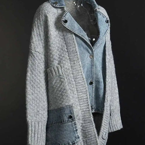Load image into Gallery viewer, Gray Denim Irregular Big Size Knitting Cardigan Sweater Lapel Long Sleeve Women New Fashion Autumn Winter 2025 1DH5636
