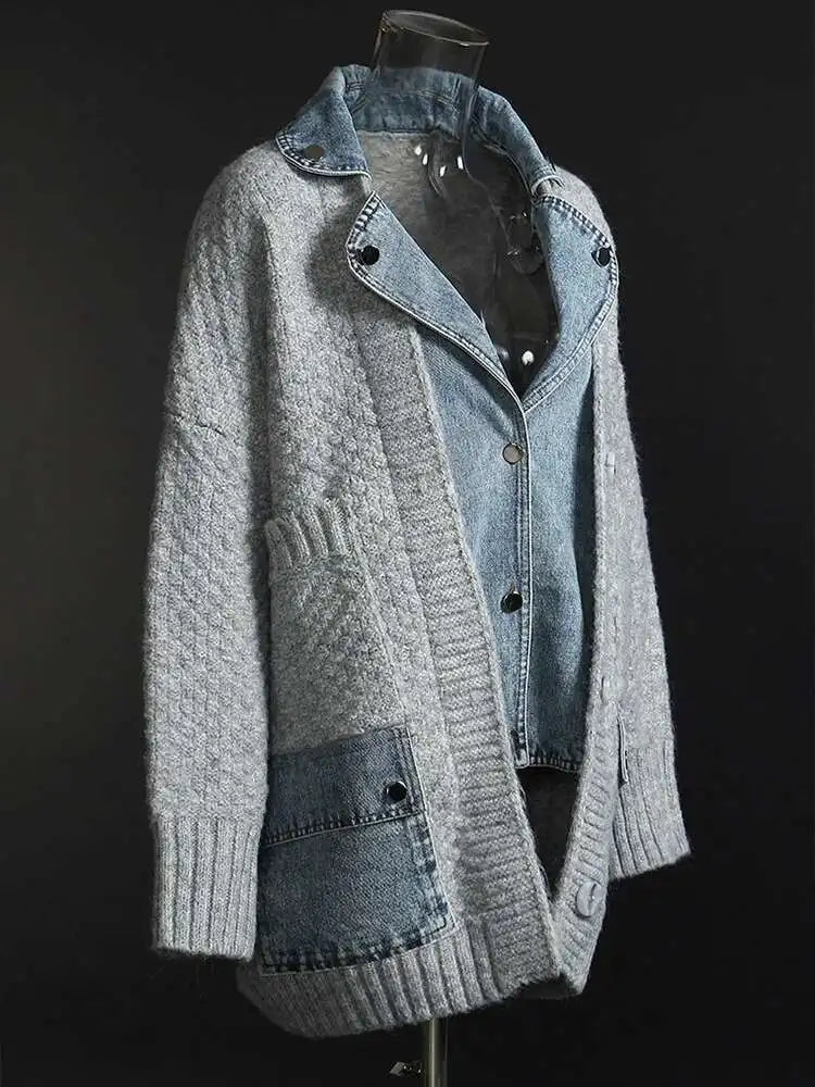 Gray Denim Irregular Big Size Knitting Cardigan Sweater Lapel Long Sleeve Women New Fashion Autumn Winter 2025 1DH5636