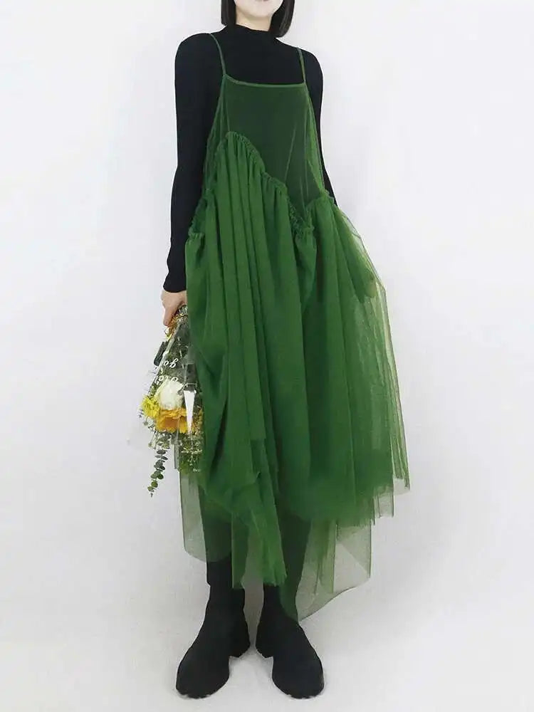 Women Green Mesh Layers Elegant Spaghetti Strap Dress New Square Collar Sleeveless Fashion Tide Spring Autumn 2025 1DJ0363