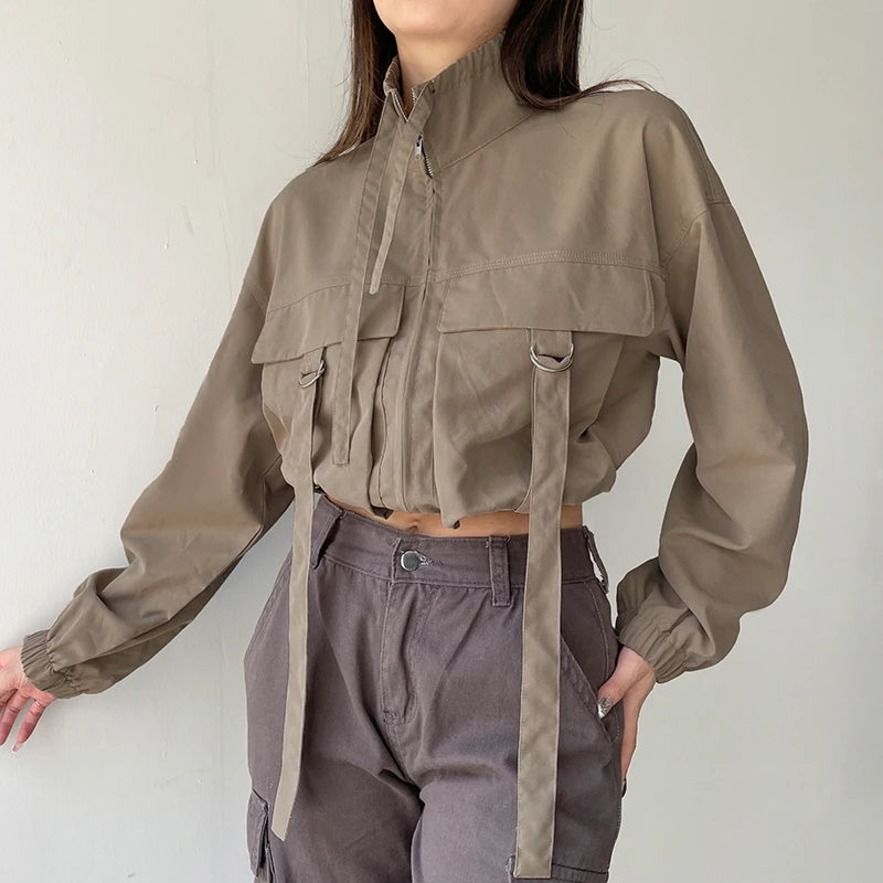 Streetwear Cargo Style Autumn Jacket Female Turtleneck Stitched Big Pockets Buckle Zip Up Coat Cropped Outwear Retro