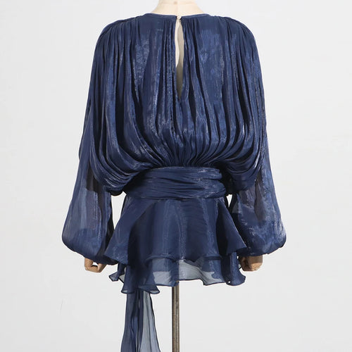 Load image into Gallery viewer, Solid Spliced Lace Up Mini Dresses For Women O Neck Long Sleeve High Waist Designer Dress Female Fashion Style New
