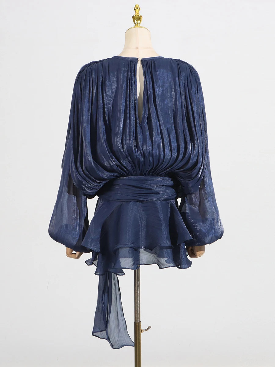 Solid Spliced Lace Up Mini Dresses For Women O Neck Long Sleeve High Waist Designer Dress Female Fashion Style New