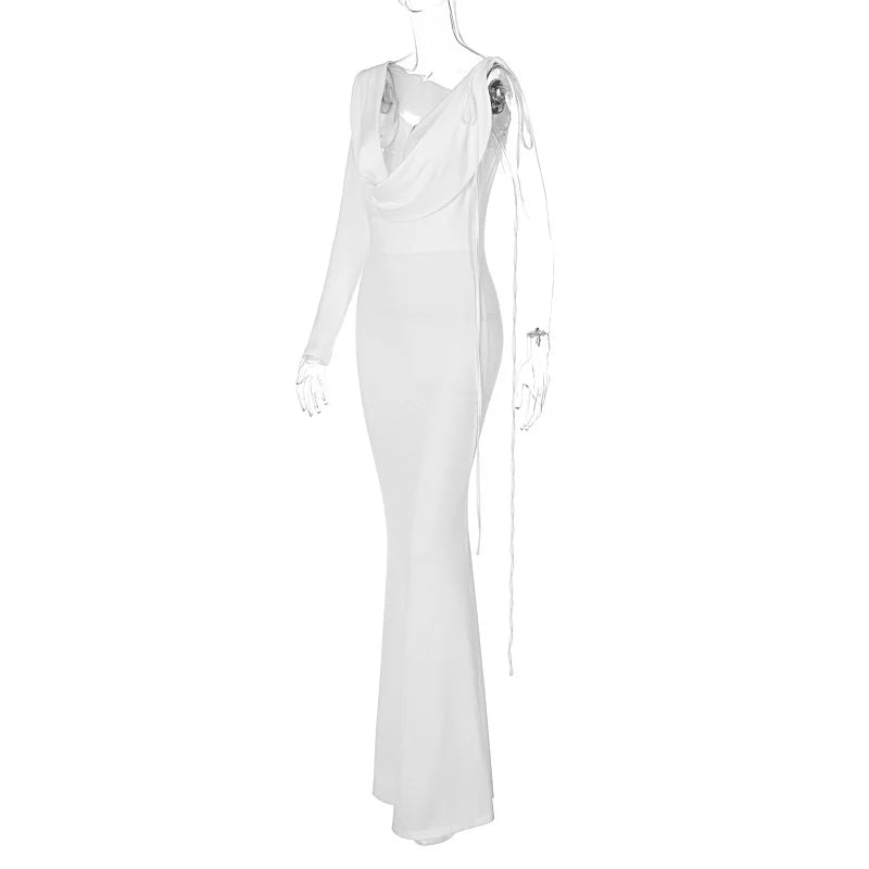 Elegant Backless Sexy Maxi Dress For Women Robe 2023 Spring New V Neck One Sleeve Lace-up Party Long Dress Vestido