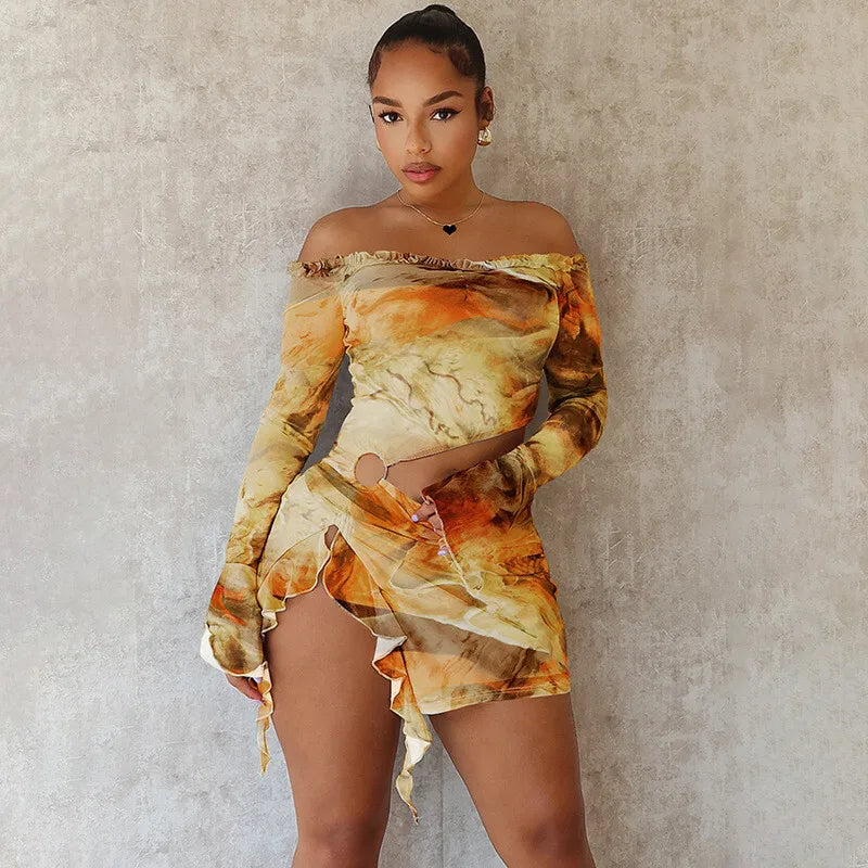 Hollow Out Print Sexy Mini Dress For Women Autumn New Off-shoulder Long Sleeve Bodycon Ruffled Slit Sexy Dress New