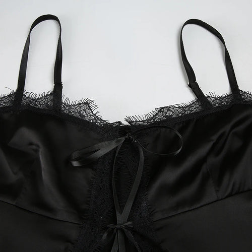 Load image into Gallery viewer, Fashion Black Lace Patchwork Satin Sexy Camisole Strap Women's Slimming With Bow Summer Front Slit Cropped Tops Chic
