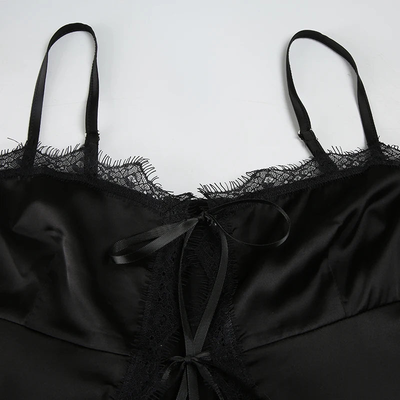 Fashion Black Lace Patchwork Satin Sexy Camisole Strap Women's Slimming With Bow Summer Front Slit Cropped Tops Chic